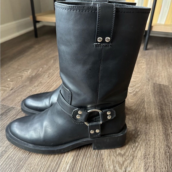 ZARA Black Leather Mid-Calf Moto Boots - Picture 3 of 5